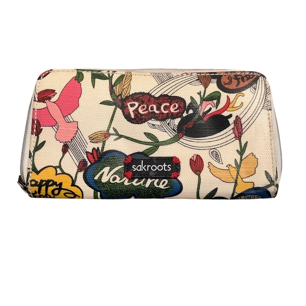 Sakroots Peace Nature Bird Floral Coated Canvas Zip Around Wallet Clutch C17-3